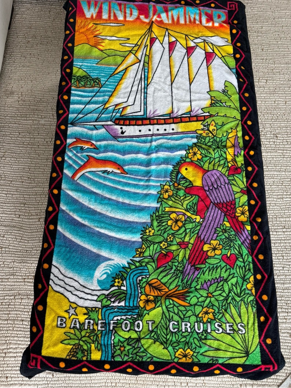 RARE Vintage 80s 90s Windjammer Barefoot Cruises Beach Towel Tropical Parrot